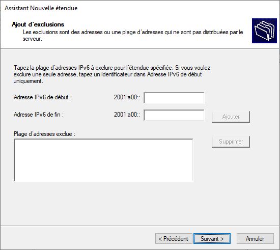 }</image>
* Dans la page suivante, on configure la durée du bail (préférée et valide). Je me cale là aussi sur les paramétrages de l'IPv4 pour la préférée et le double pour la valide. On choisit donc et on, passe à la suite.
<image shape="thumbnail">{{ :administration:install_dhcp_40.png | }</image>
* Dans la page suivante, on configure la durée du bail (préférée et valide). Je me cale là aussi sur les paramétrages de l'IPv4 pour la préférée et le double pour la valide. On choisit donc et on, passe à la suite.
<image shape="thumbnail">{{ :administration:install_dhcp_40.png |